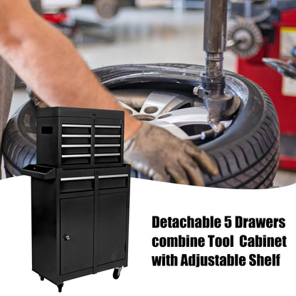 Rolling Tool Chest, 5-Drawer Tool Box Organizer w/Lockable Wheels & Sliding Drawers & Detachable Top & Adjustable Shelf - Black