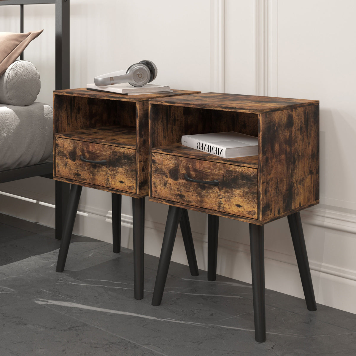 Two Sets of Nightstand,Modern Bedside Table with Storage Drawer and Open Wood Shelf, for Living Room, Bedroom and Small Spaces, Accent Night Stand, Easy Assembly