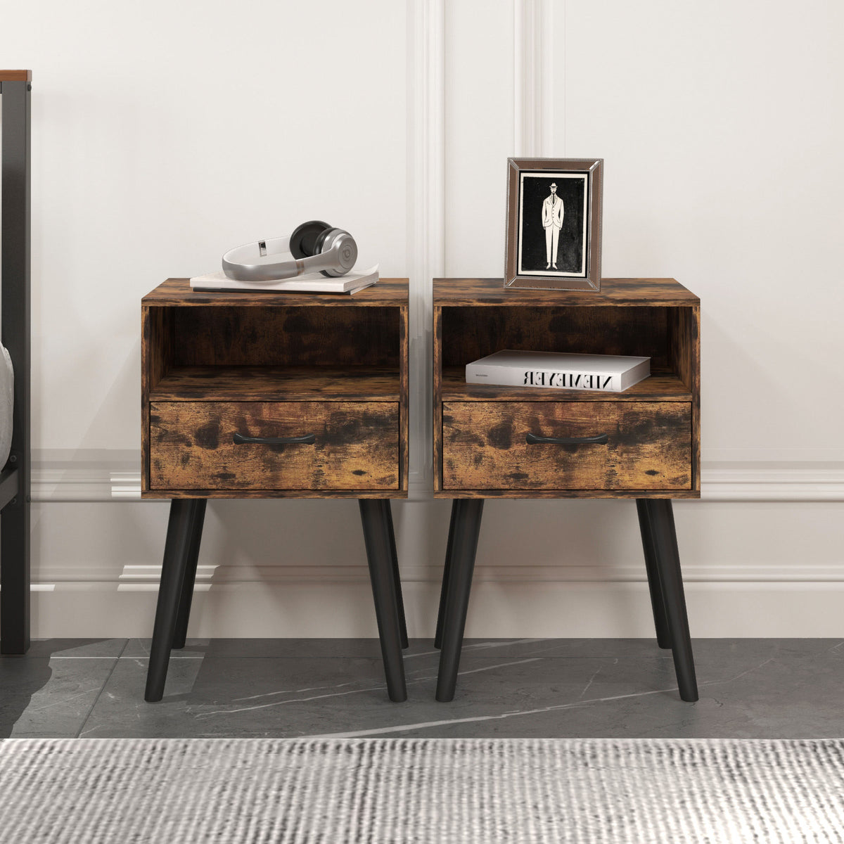Two Sets of Nightstand,Modern Bedside Table with Storage Drawer and Open Wood Shelf, for Living Room, Bedroom and Small Spaces, Accent Night Stand, Easy Assembly