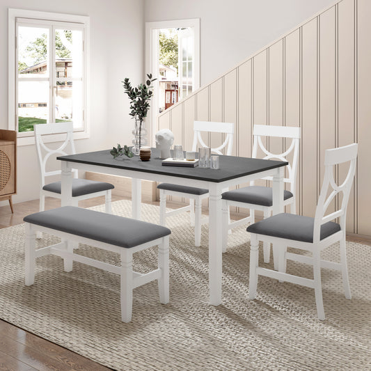 TOPMAX 6-Piece Wood Dining Table Set Kitchen Table Set with Upholstered Bench and 4 Dining Chairs, Farmhouse Style, Gray+White