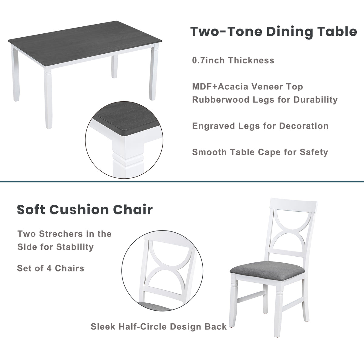 TOPMAX 6-Piece Wood Dining Table Set Kitchen Table Set with Upholstered Bench and 4 Dining Chairs, Farmhouse Style, Gray+White