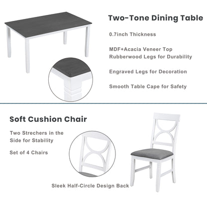 TOPMAX 6-Piece Wood Dining Table Set Kitchen Table Set with Upholstered Bench and 4 Dining Chairs, Farmhouse Style, Gray+White