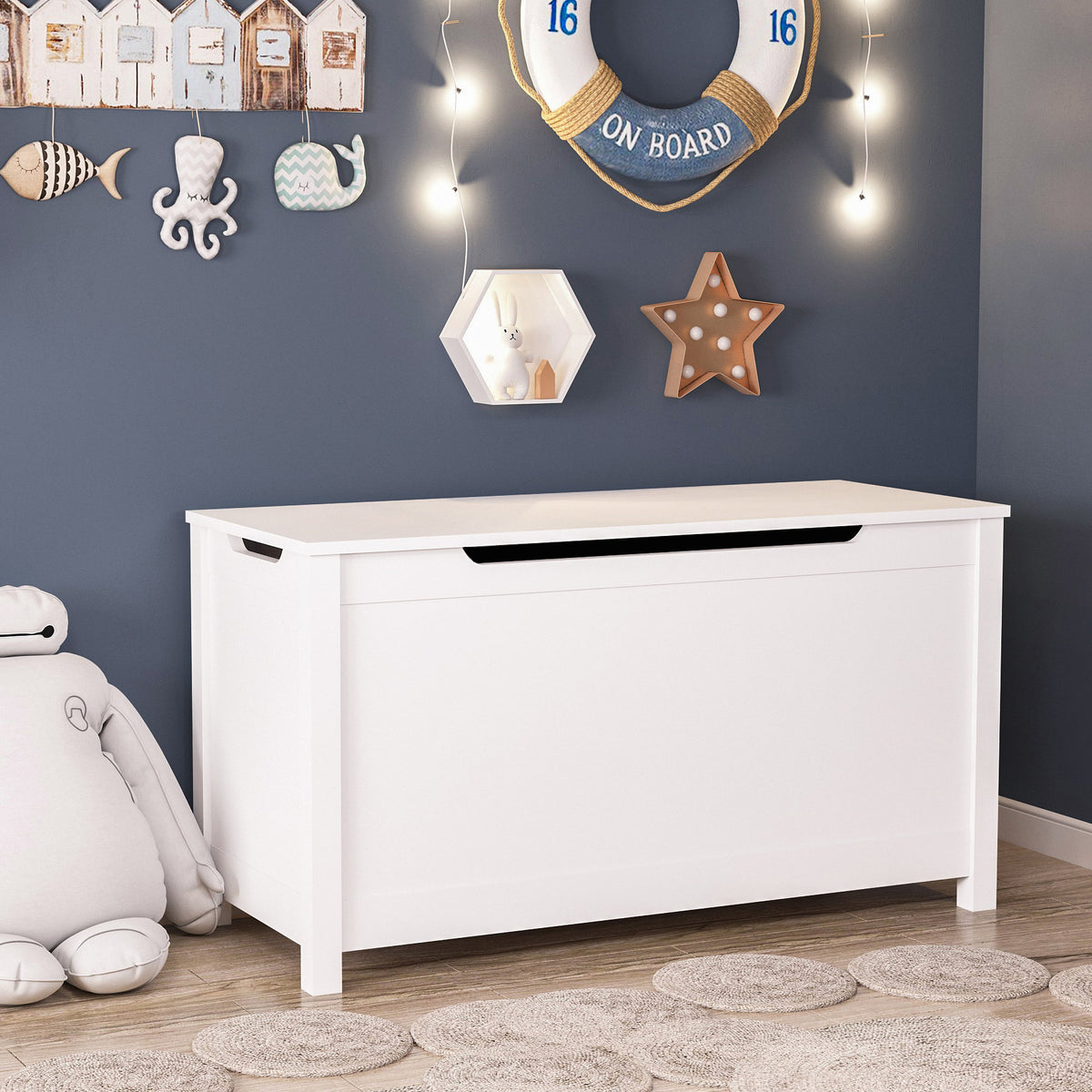 Kids Wooden Toy Box Storage with Safety Hinged Lid for Ages 2+ - White