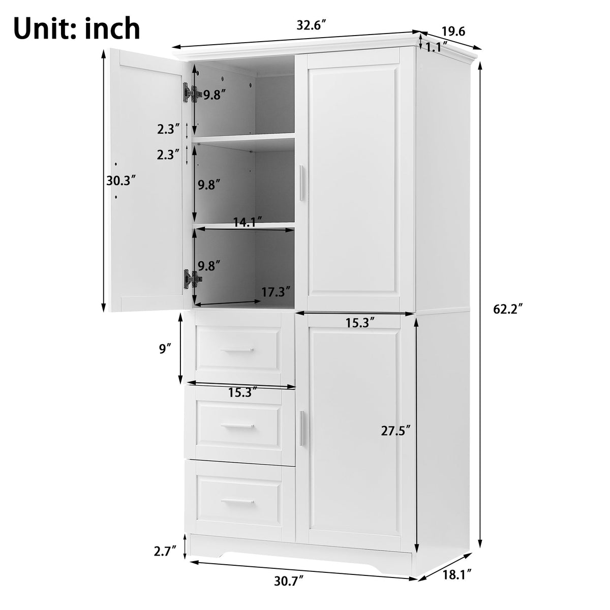 Tall and Wide Storage Cabinet with Doors for Bathroom/Office, Three Drawers, White(Old SKU: N725P331357K/WF299285AAK)