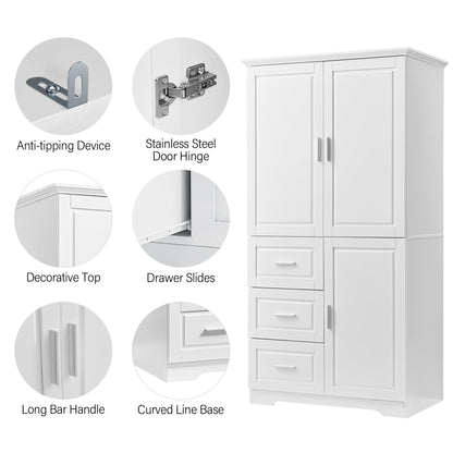 Tall and Wide Storage Cabinet with Doors for Bathroom/Office, Three Drawers, White(Old SKU: N725P331357K/WF299285AAK)