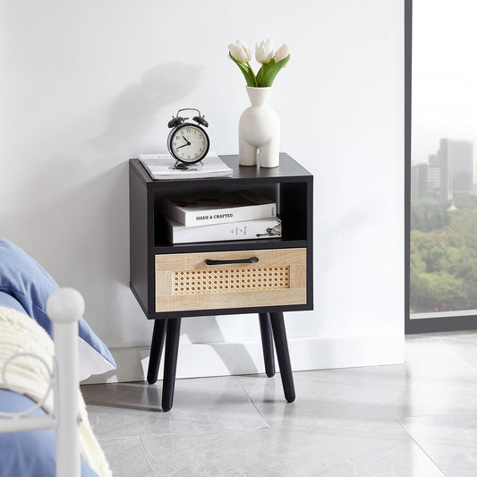 Modern Rattan End Table with Drawer, Solid Wood Legs, Black MDF, 15.75"