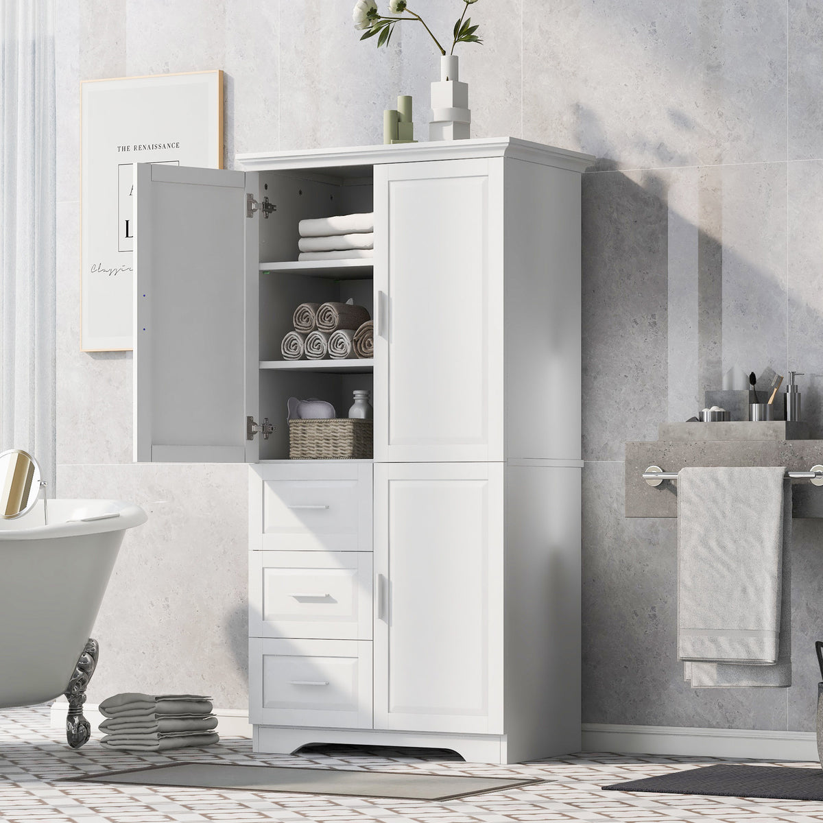 Tall and Wide Storage Cabinet with Doors for Bathroom/Office, Three Drawers, White(Old SKU: N725P331357K/WF299285AAK)