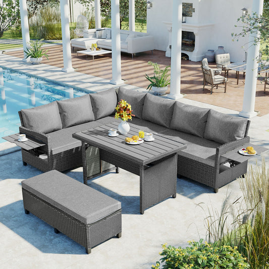 TOMAX 5-Piece Outdoor Patio Rattan Sofa Set, Sectional PE Wicker L-Shaped Garden Furniture Set with 2 Extendable Side Tables