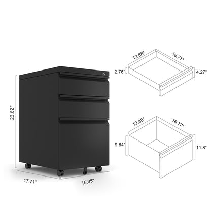 [Installation required] 3-drawer mobile filing cabinet with lock, office storage filing cabinet of legal/letter size, metal filing cabinet to be Installation required (black)