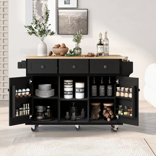 Kitchen Cart with Rubber wood Drop-Leaf Countertop, Cabinet door internal storage racks – Black