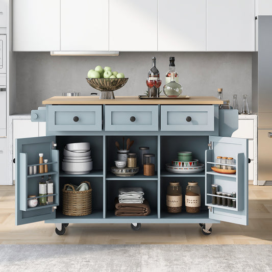 Kitchen Cart with Rubber wood Drop-Leaf Countertop, Cabinet door internal storage racks – Blue