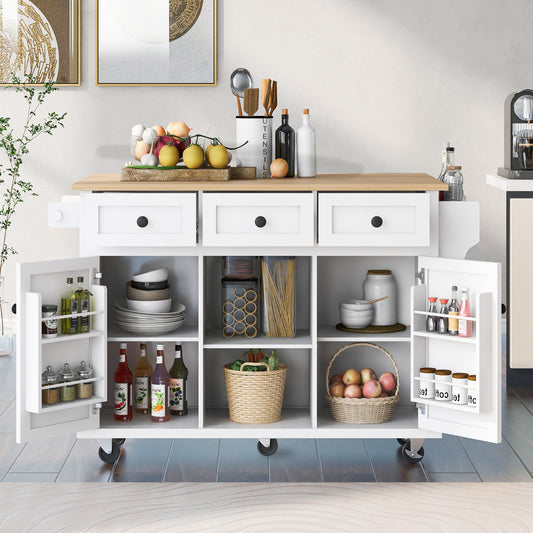 Kitchen Cart with Rubber wood Drop-Leaf Countertop, Cabinet door internal storage racks – White