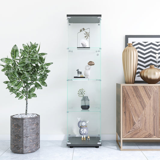 Glass Display Cabinet 4 Shelves with Door, Floor Standing Curio Bookshelf for Living Room Bedroom Office, 64.7"*16.7"*14.3", Black