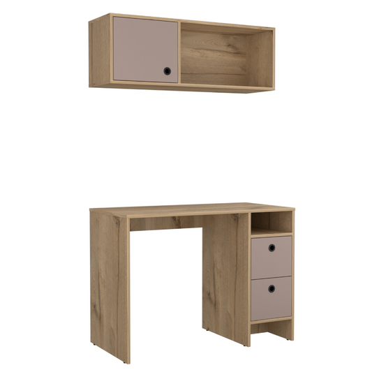 Khali 2-Pc Office Set, Two Shelves, Two Drawers, Wall Cabinet, Single Door Cabinet, -Light Oak / Taupe