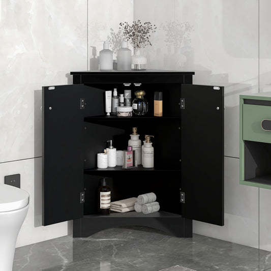 Black Triangle Bathroom Storage Cabinet with Adjustable Shelves, Freestanding Floor Cabinet