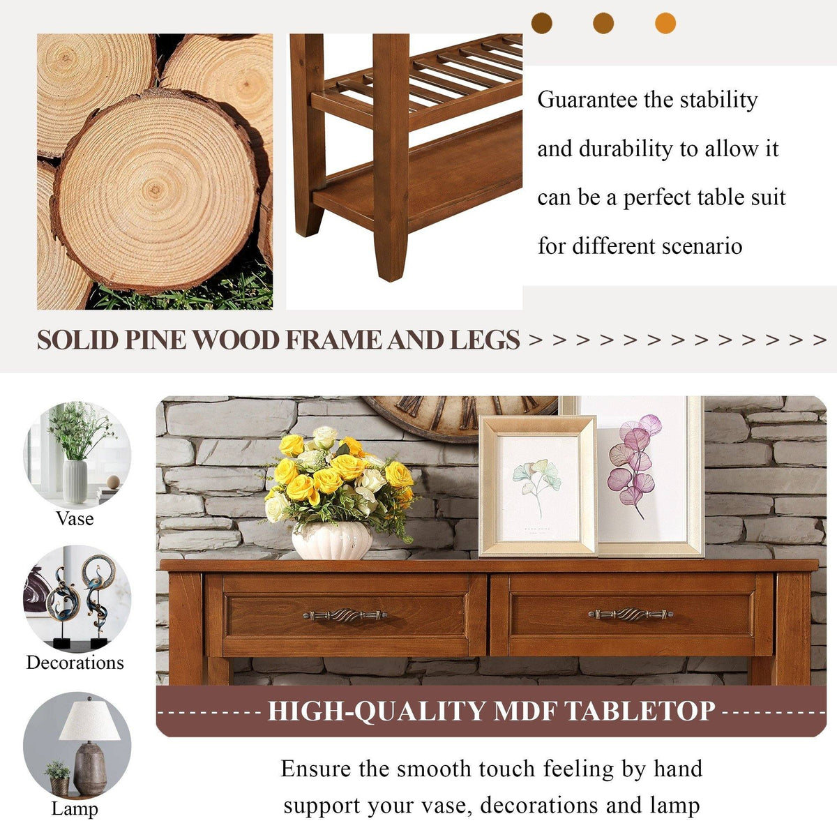 Console Sofa Table with 2 Storage Drawers and 2 Tiers Shelves
