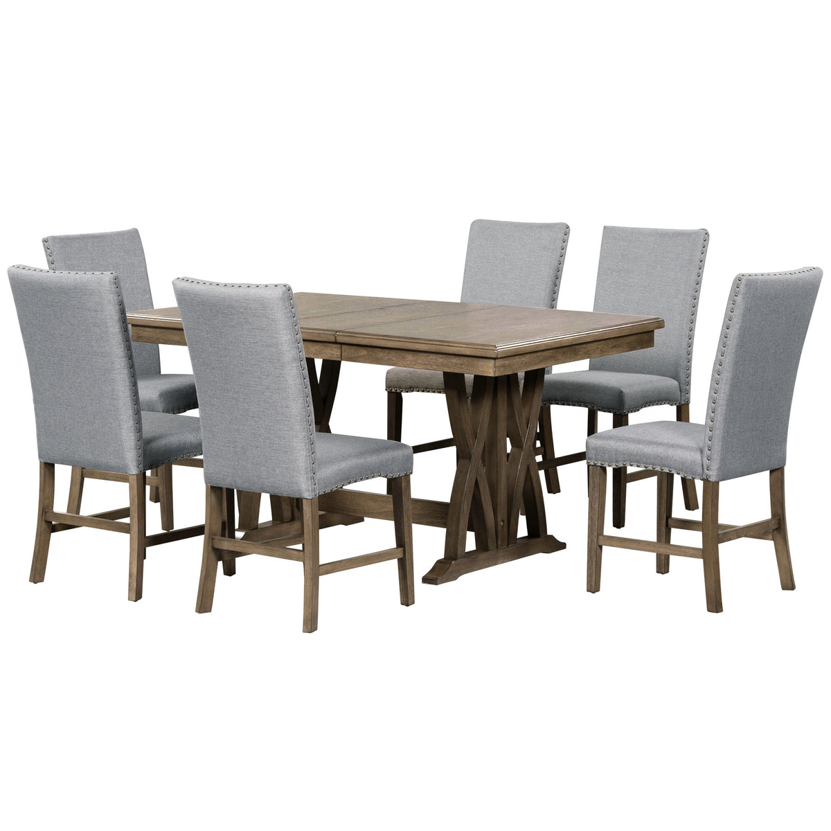 TOPMAX Mid-Century Solid Wood 7-Piece Dining Table Set Extendable Kitchen Table Set with Upholstered Chairs and 12" Leaf for 6