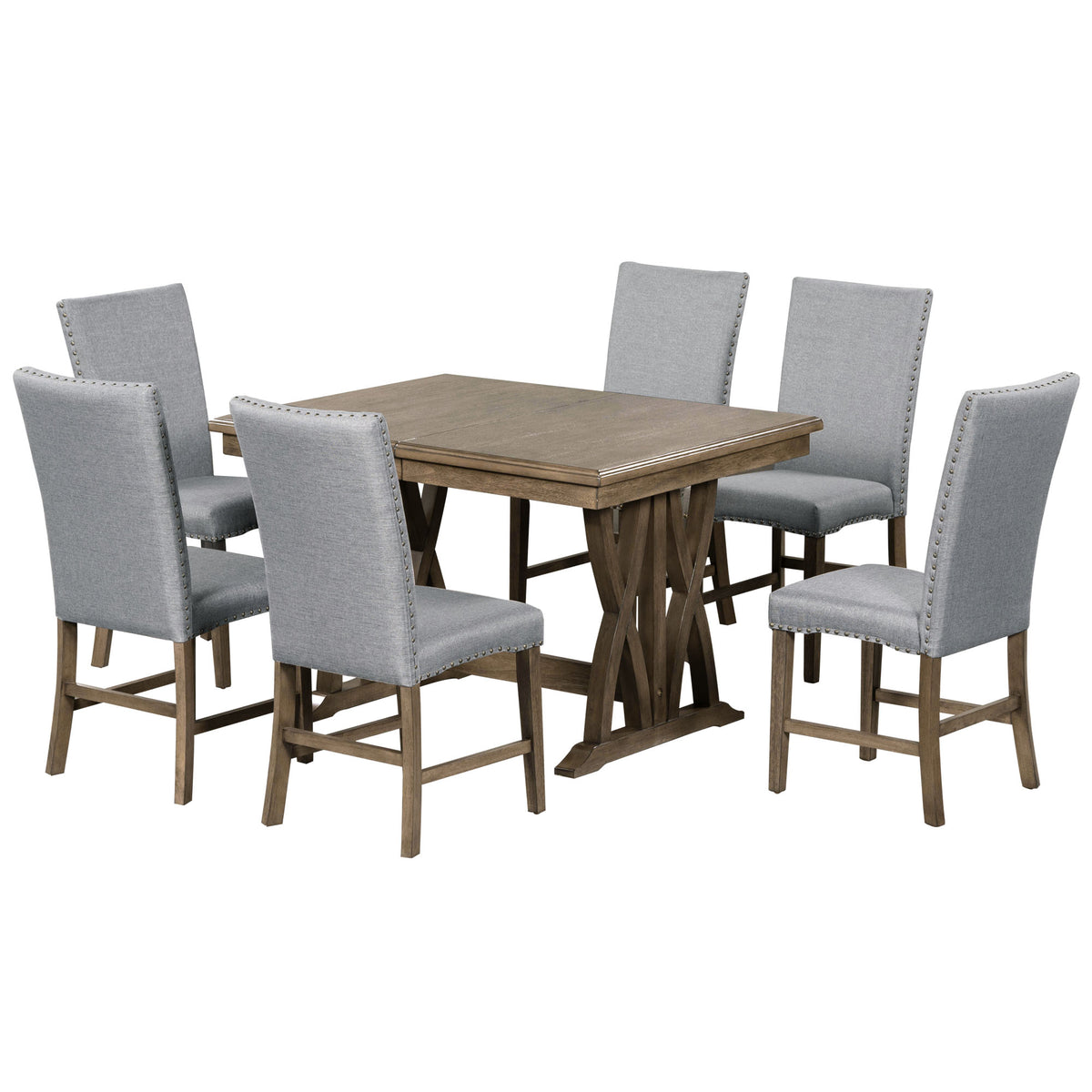 TOPMAX Mid-Century Solid Wood 7-Piece Dining Table Set Extendable Kitchen Table Set with Upholstered Chairs and 12" Leaf for 6