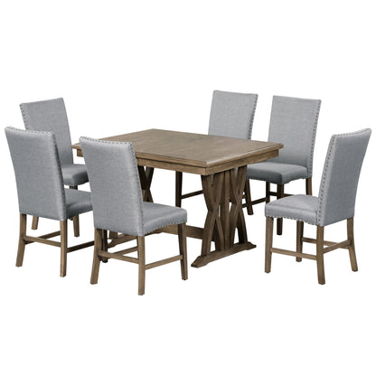TOPMAX Mid-Century Solid Wood 7-Piece Dining Table Set Extendable Kitchen Table Set with Upholstered Chairs and 12" Leaf for 6