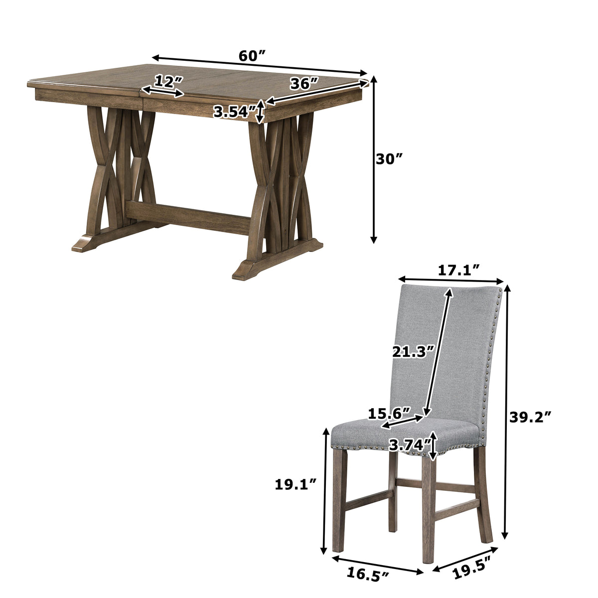 TOPMAX Mid-Century Solid Wood 7-Piece Dining Table Set Extendable Kitchen Table Set with Upholstered Chairs and 12" Leaf for 6