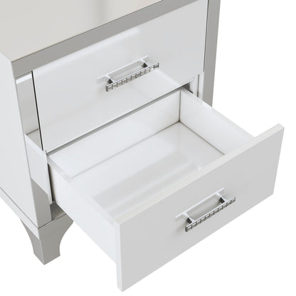 Elegant High Gloss Nightstand with Metal Handle, Mirrored Bedside Table with 2 Drawers, White