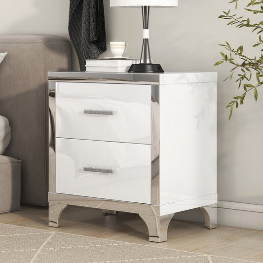 Elegant High Gloss Nightstand with Metal Handle, Mirrored Bedside Table with 2 Drawers, White