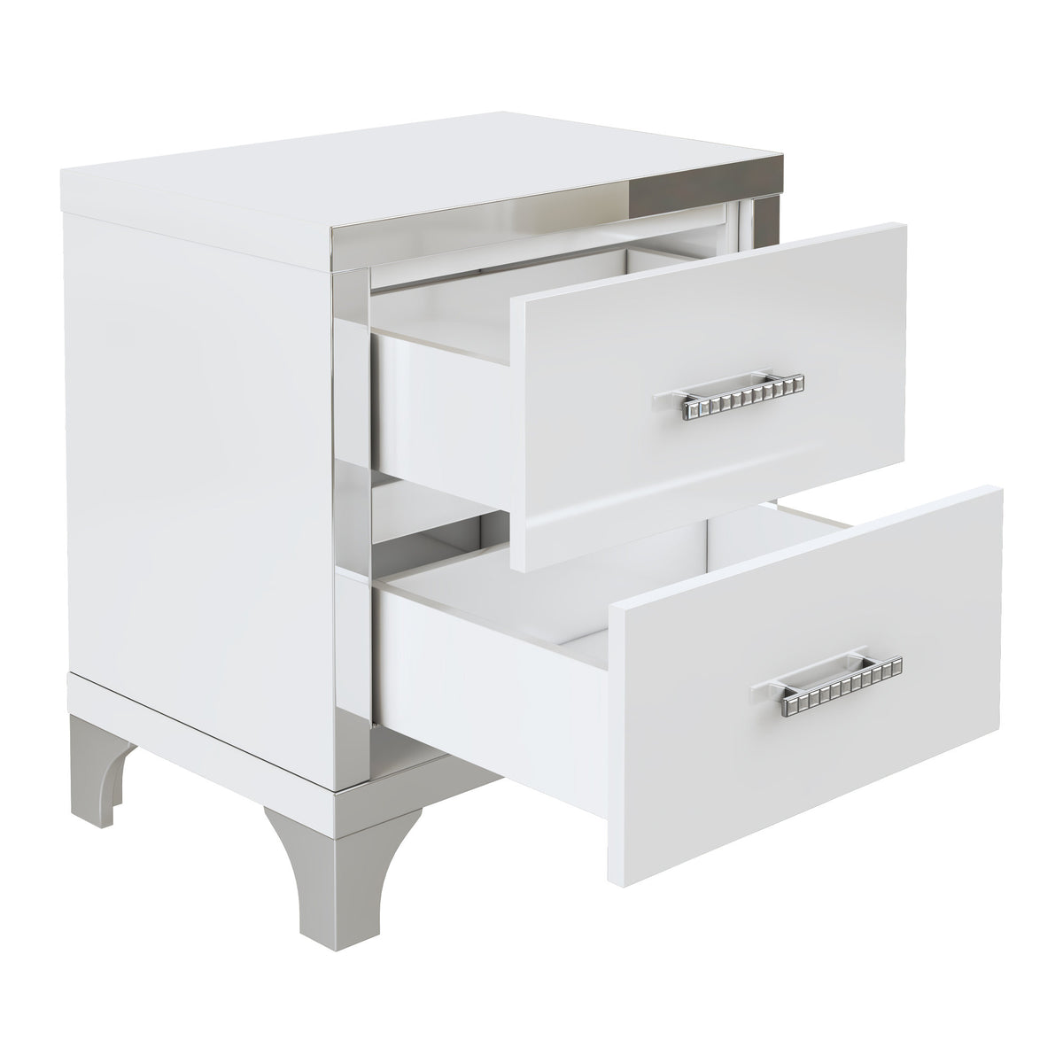 Elegant High Gloss Nightstand with Metal Handle, Mirrored Bedside Table with 2 Drawers, White