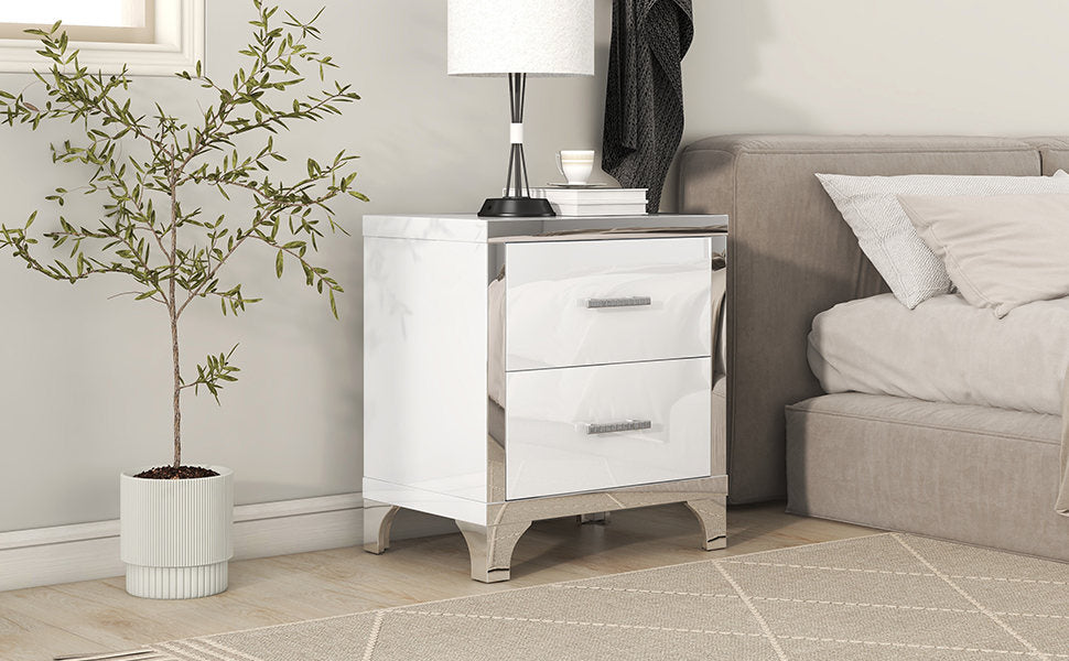 Elegant High Gloss Nightstand with Metal Handle, Mirrored Bedside Table with 2 Drawers, White