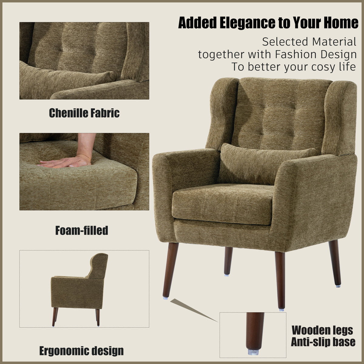 Modern Accent Chair,Chenille Arm Chairs for Living Room,Upholstered Mordern Armchair,Comfy Soft Padded Lounge Chair in Small Space, Bedroom, w/Pillow, Solid Wood Leg (Olive Green)