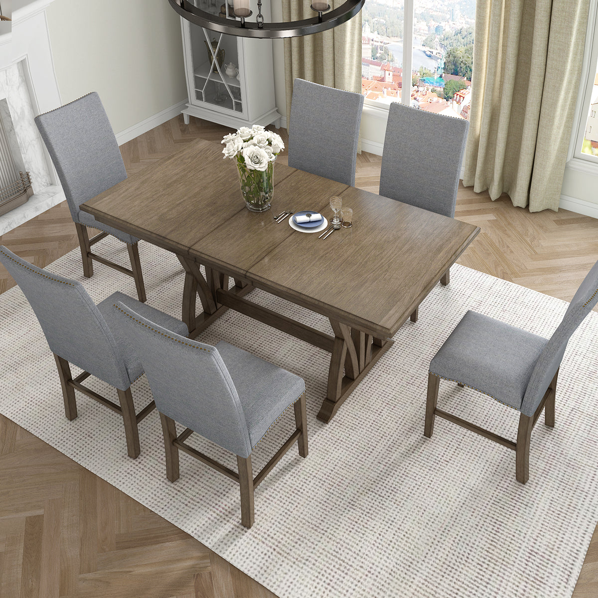 TOPMAX Mid-Century Solid Wood 7-Piece Dining Table Set Extendable Kitchen Table Set with Upholstered Chairs and 12" Leaf for 6