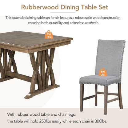 TOPMAX Mid-Century Solid Wood 7-Piece Dining Table Set Extendable Kitchen Table Set with Upholstered Chairs and 12" Leaf for 6