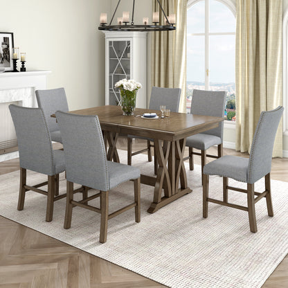 TOPMAX Mid-Century Solid Wood 7-Piece Dining Table Set Extendable Kitchen Table Set with Upholstered Chairs and 12" Leaf for 6
