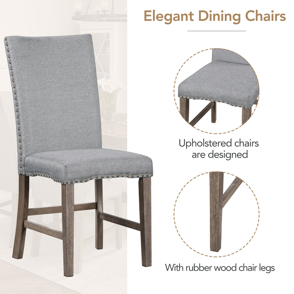 TOPMAX Mid-Century Solid Wood 7-Piece Dining Table Set Extendable Kitchen Table Set with Upholstered Chairs and 12" Leaf for 6