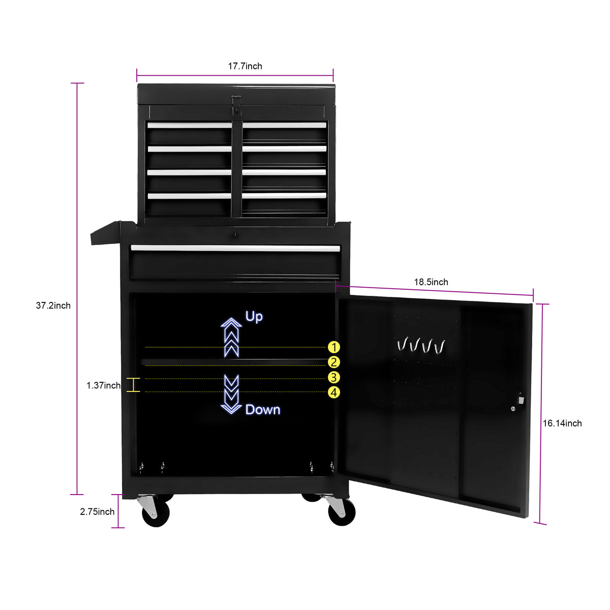 Rolling Tool Chest, 5-Drawer Tool Box Organizer w/Lockable Wheels & Sliding Drawers & Detachable Top & Adjustable Shelf - Black