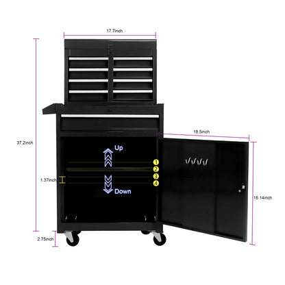 Rolling Tool Chest, 5-Drawer Tool Box Organizer w/Lockable Wheels & Sliding Drawers & Detachable Top & Adjustable Shelf - Black