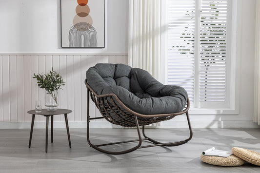 Outdoor Rattan Rocking Chair,Padded Cushion Rocker Recliner Chair Outdoor for Front Porch, Living Room, Patio, Garden, Grey – Model W640P523151
