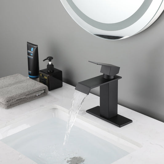 Waterfall Spout Bathroom Faucet, Single Handle Bathroom Vanity Sink Faucet – Black