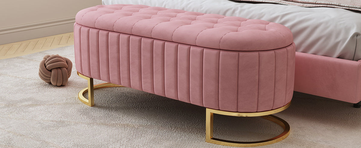 Elegant Upholstered Velvet Storage Ottoman with Button-Tufted, Storage Bench with Metal Legs, Fully Assembled Except Legs, Pink