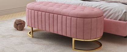 Elegant Upholstered Velvet Storage Ottoman with Button-Tufted, Storage Bench with Metal Legs, Fully Assembled Except Legs, Pink