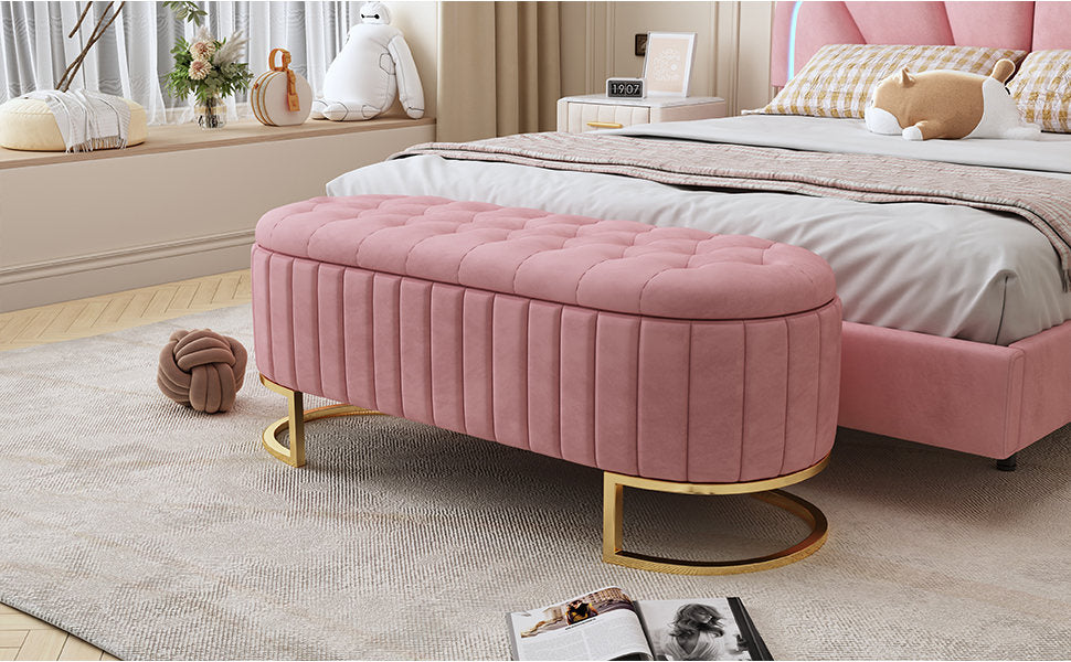 Elegant Upholstered Velvet Storage Ottoman with Button-Tufted, Storage Bench with Metal Legs, Fully Assembled Except Legs, Pink