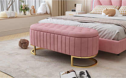 Elegant Upholstered Velvet Storage Ottoman with Button-Tufted, Storage Bench with Metal Legs, Fully Assembled Except Legs, Pink