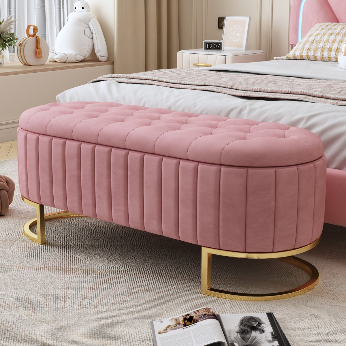 Elegant Upholstered Velvet Storage Ottoman with Button-Tufted, Storage Bench with Metal Legs, Fully Assembled Except Legs, Pink