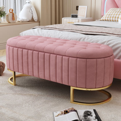 Elegant Upholstered Velvet Storage Ottoman with Button-Tufted, Storage Bench with Metal Legs, Fully Assembled Except Legs, Pink
