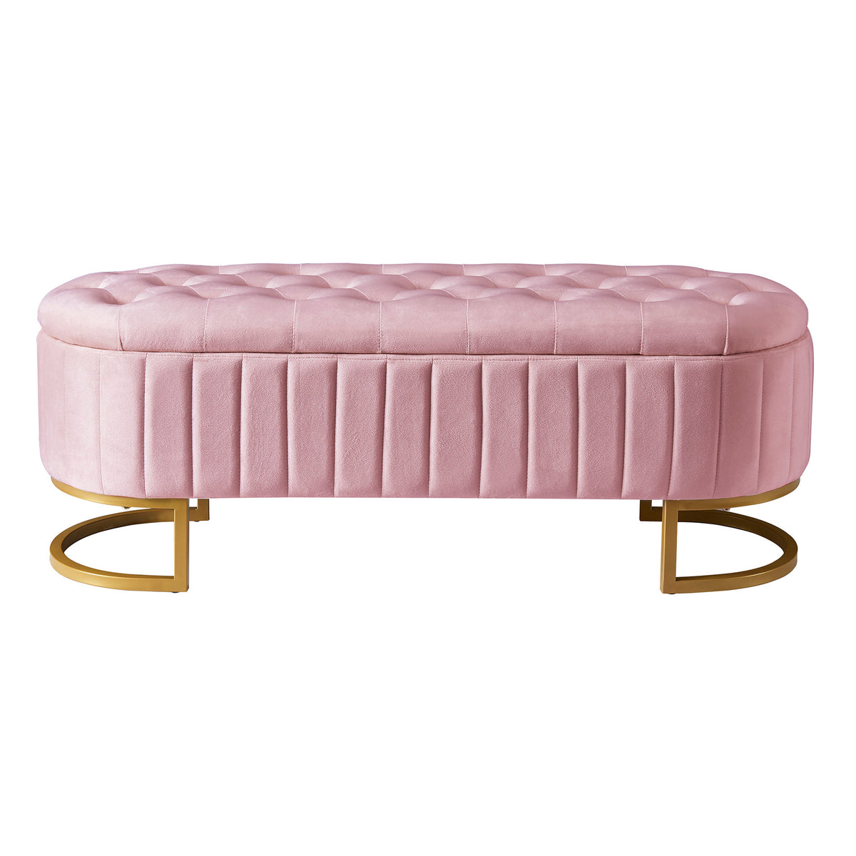 Elegant Upholstered Velvet Storage Ottoman with Button-Tufted, Storage Bench with Metal Legs, Fully Assembled Except Legs, Pink