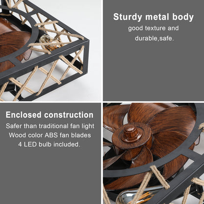 Farmhouse Rustic Ceiling Fan and Remote Control, Square Caged Industrial Ceiling Fixture with 6 Speeds & Noiseless DC Motor