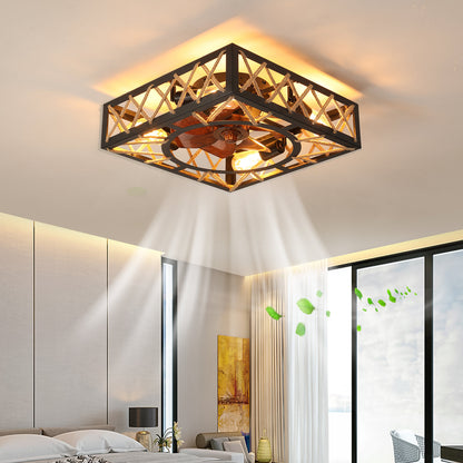 Farmhouse Rustic Ceiling Fan and Remote Control, Square Caged Industrial Ceiling Fixture with 6 Speeds & Noiseless DC Motor