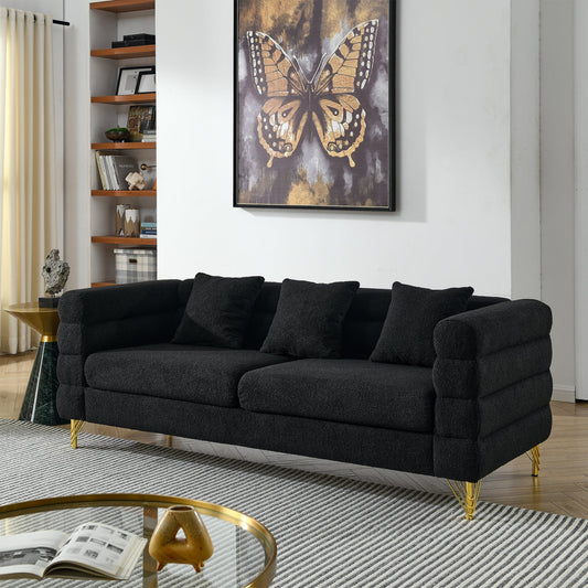 Streamline Modern 81 Inch Oversized 3 Seater Sectional Sofa in Black Teddy Fabric with 3 Lumbar Pillows, Deep Seating Comfort