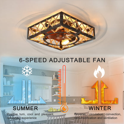 Farmhouse Rustic Ceiling Fan and Remote Control, Square Caged Industrial Ceiling Fixture with 6 Speeds & Noiseless DC Motor