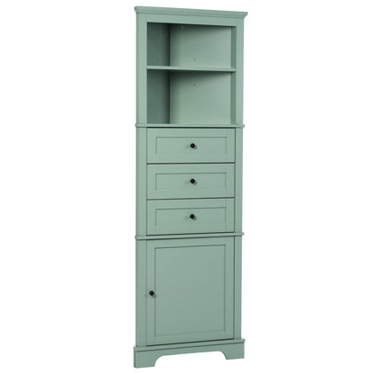 Green Triangle Tall Cabinet with 3 Drawers and Adjustable Shelves, Kitchen or Living Room, MDF Board with Painted Finish