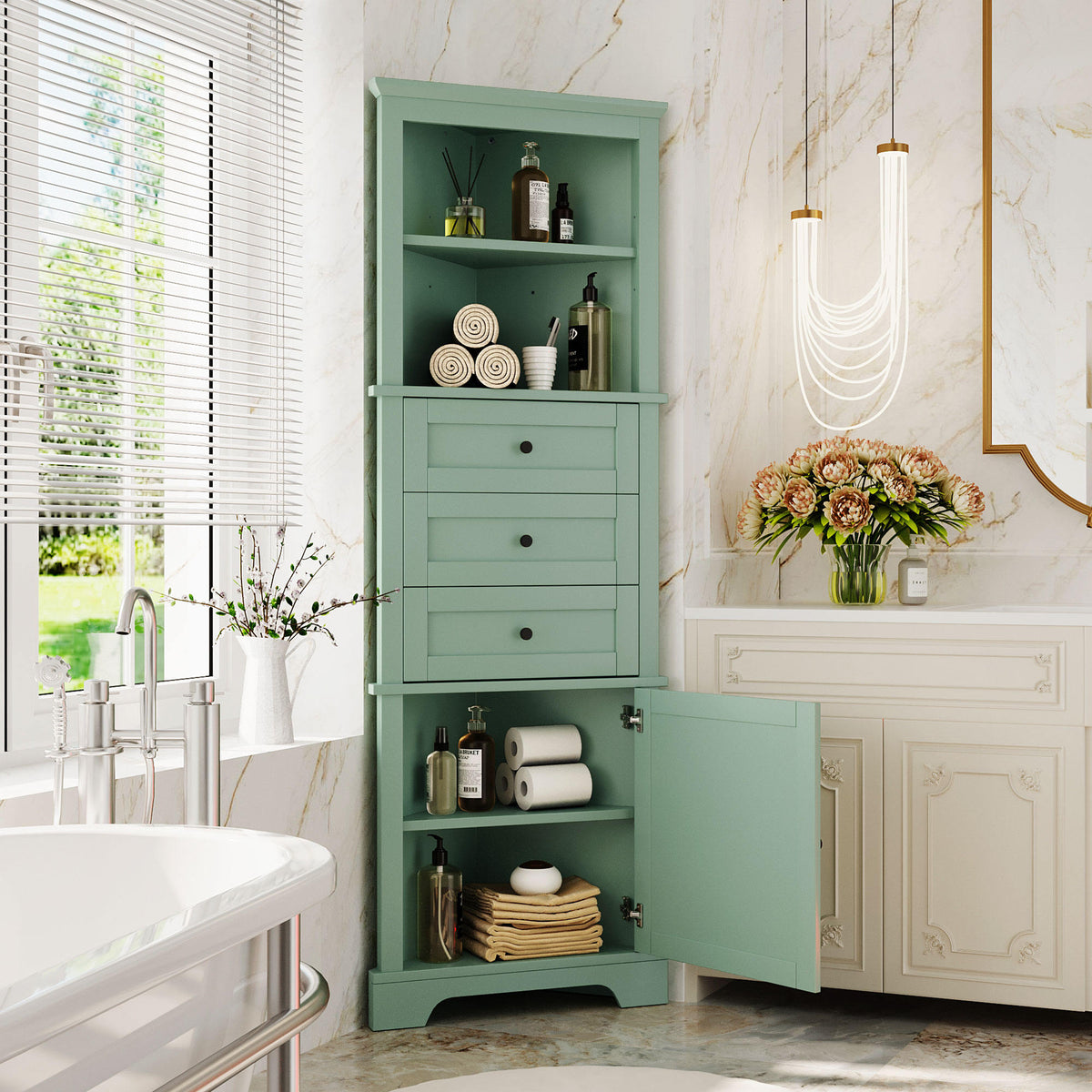 Green Triangle Tall Cabinet with 3 Drawers and Adjustable Shelves, Kitchen or Living Room, MDF Board with Painted Finish